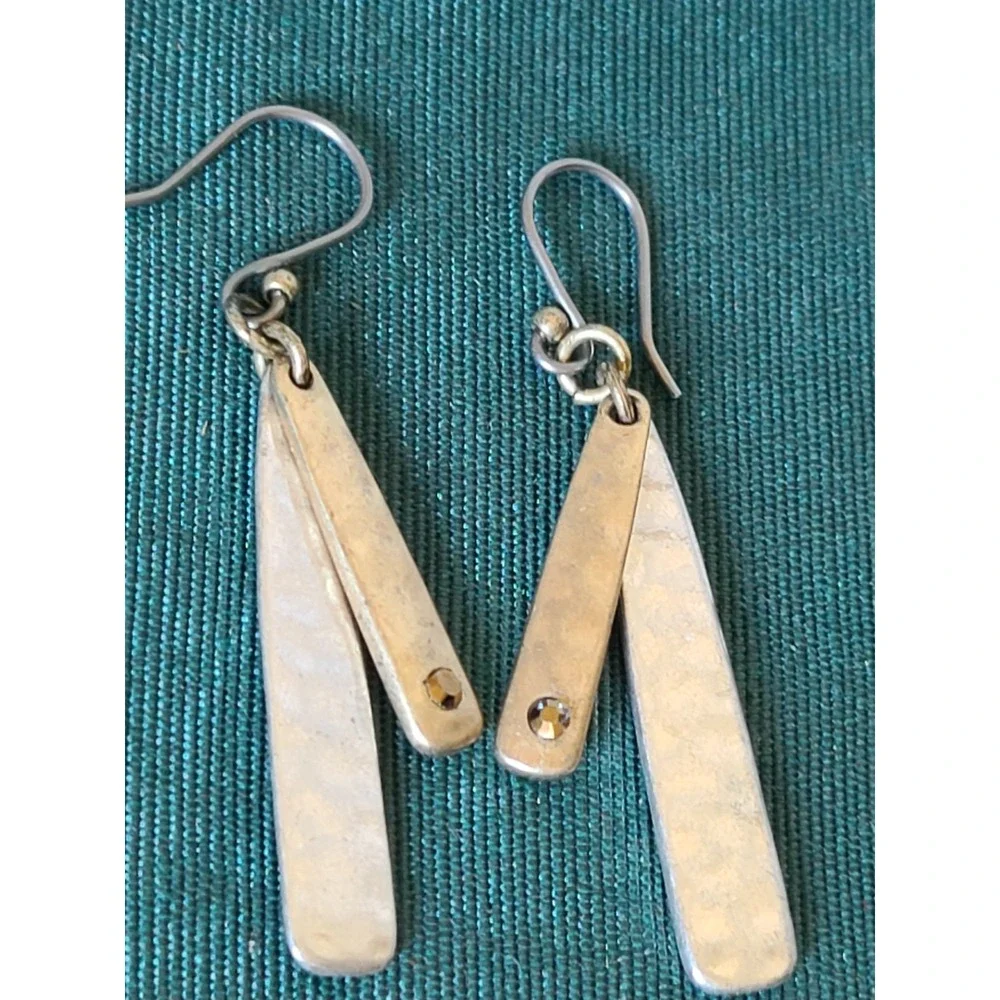 Two Toned Hammered Silver And Gold Tone Dangle Earrings Crystal Accent